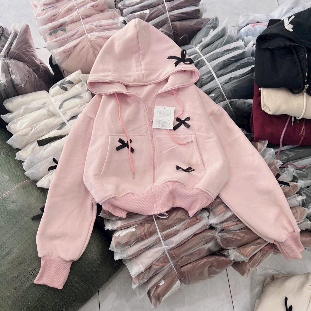Áo Khoác Nỉ Dây Kéo FORM LỬNG Đính Nơ Cực Xinh THIẾT KẾ Mới CÓ NHIỀU MÀU
