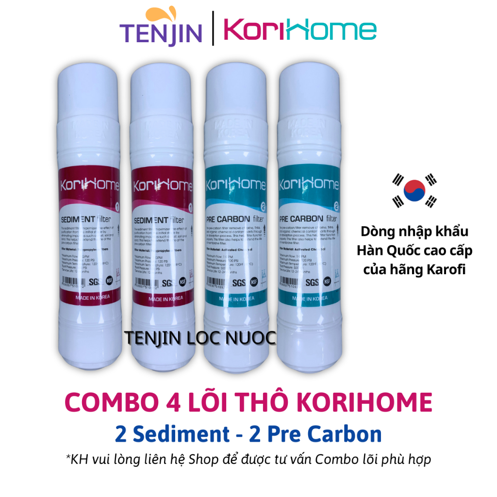 Combo 4 Lõi Lọc Thô Korihome Gồm 2 Sediment 2 Pre Carbon Cắm Nhanh Dạng U Sản Xuất Hàn Quốc - Dòng Cao Cấp Của Karofi