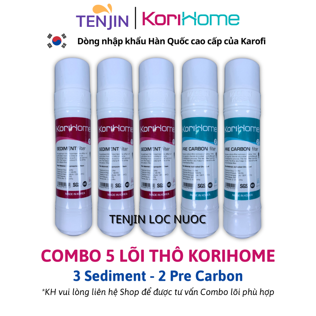Combo 5 Lõi Lọc Thô Korihome Gồm 3 Sediment 2 Pre Carbon Cắm Nhanh Dạng U Sản Xuất Hàn Quốc - Dòng Cao Cấp Của Karofi