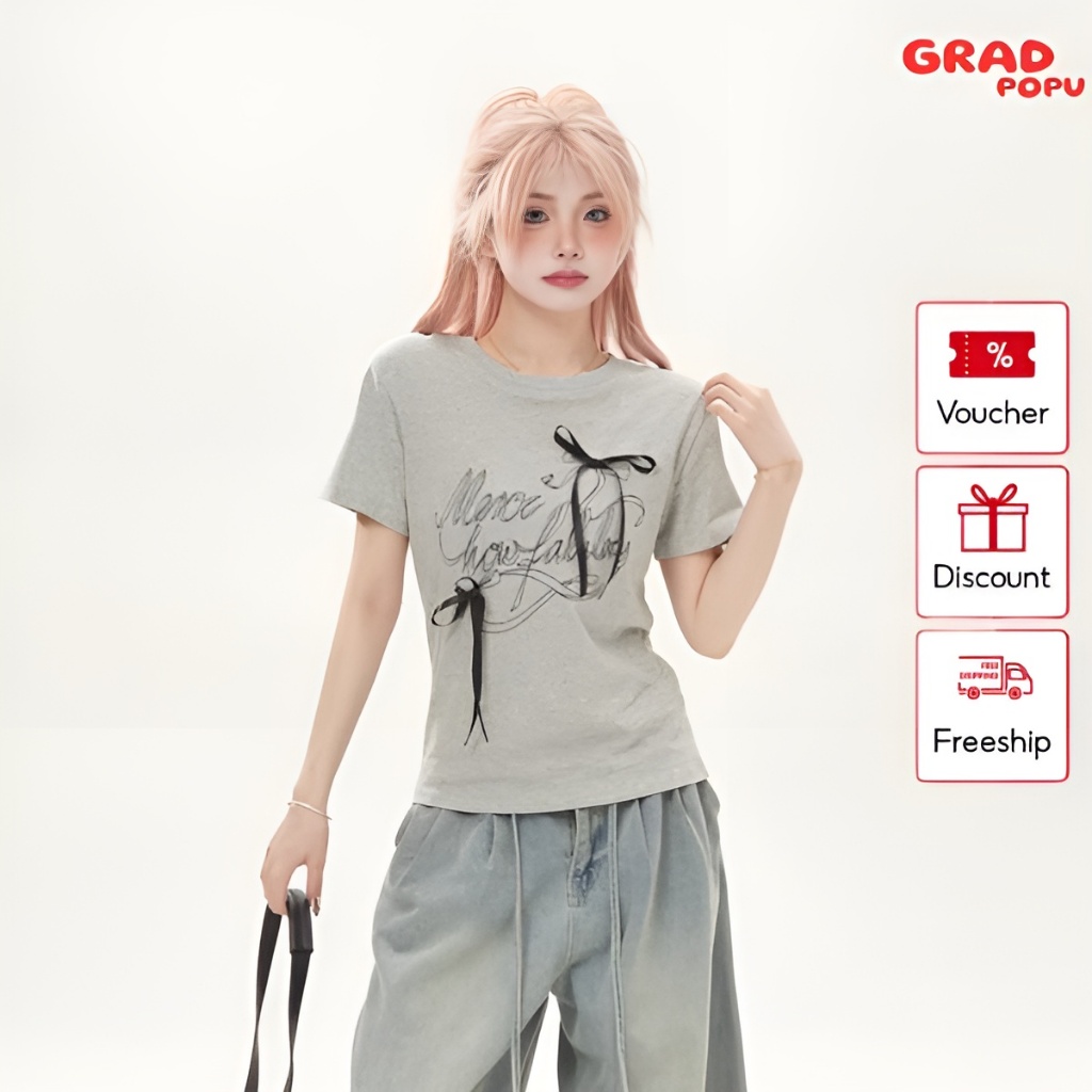 Áo thun nữ GRADPOPU PAT22 ngắn tay cổ tròn in chữ đính nơ độc đáo, áo babytee dáng ôm vừa vặn chất mềm mịn thoáng mát