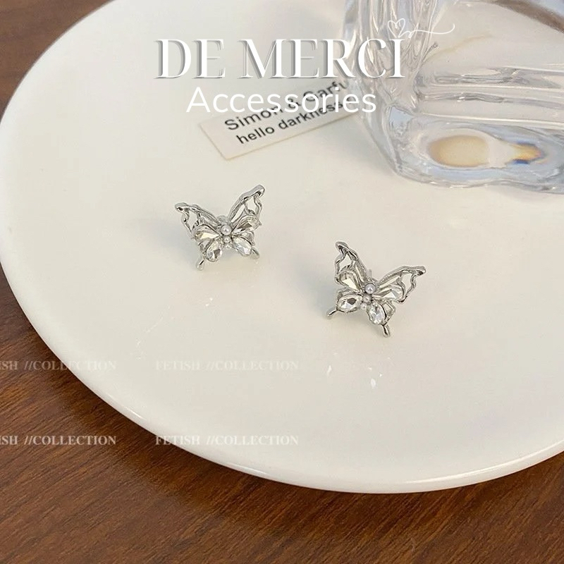 Khuyên tai nữ chuôi bạc 925 DE MERCI ACCESSORIES hình Bướm phủ bóng phụ kiện trang sức cá tính BT018