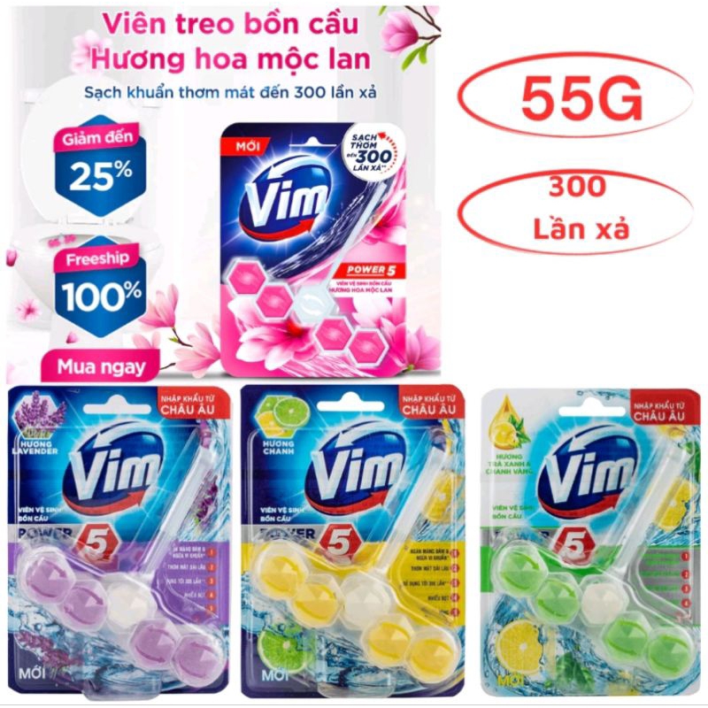 Viên Treo Bồn Cầu VIM POWER 5 sach khuẩn thơm mát 55g/viên