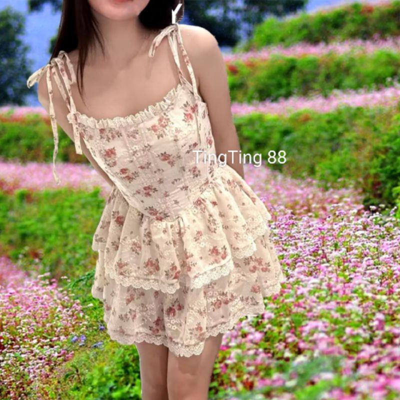 Váy hai dây hoa nhí tiểu thư Đầm hai dây hoa nhí phối ren dáng corset có mút ngực