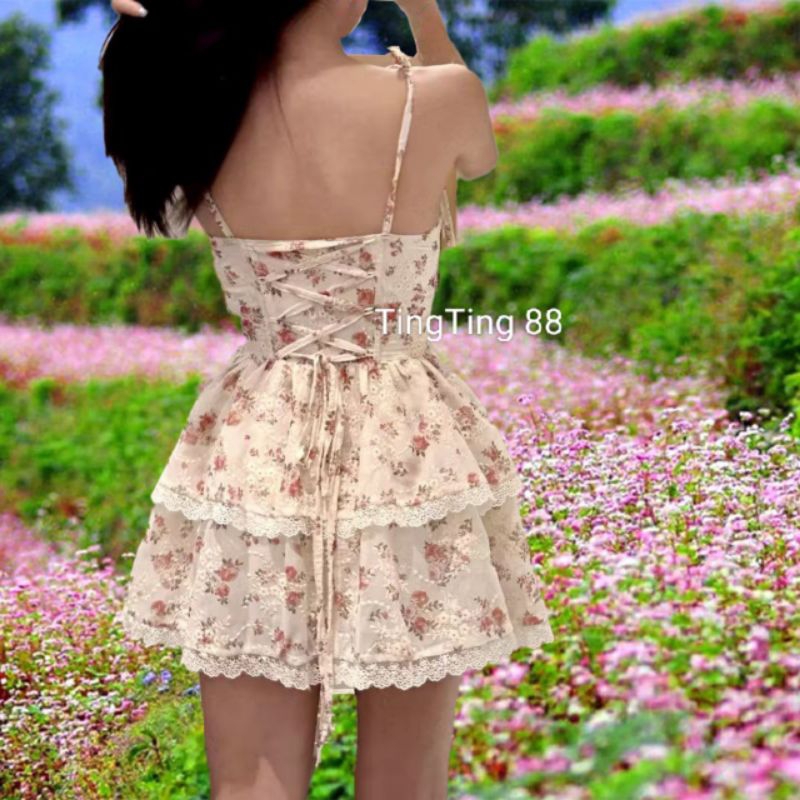 Váy hai dây hoa nhí tiểu thư Đầm hai dây hoa nhí phối ren dáng corset có mút ngực