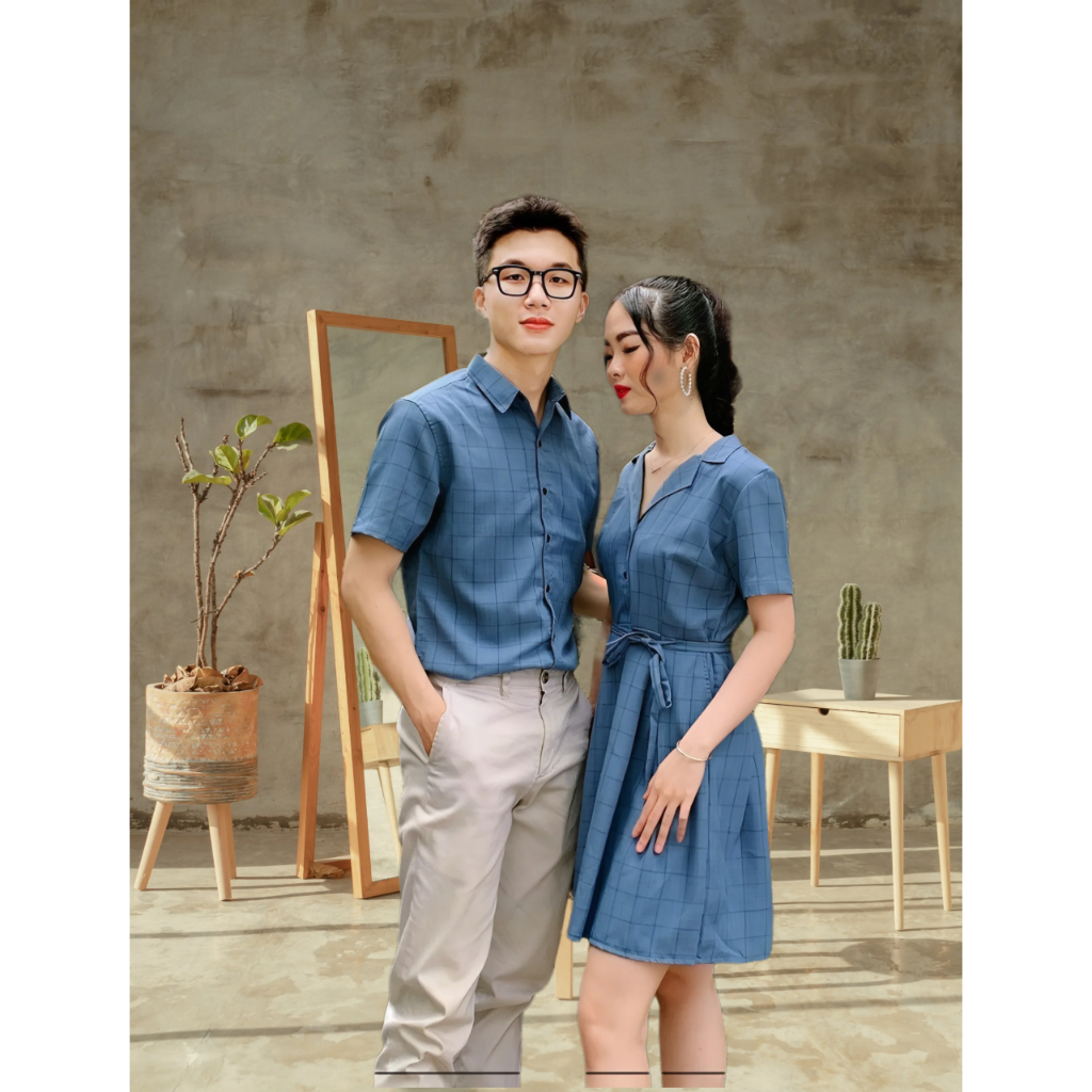 Set Sơ Mi Váy Đôi Fig Tree Caro Xanh Rêu Mã 164A Siêu Đẹp