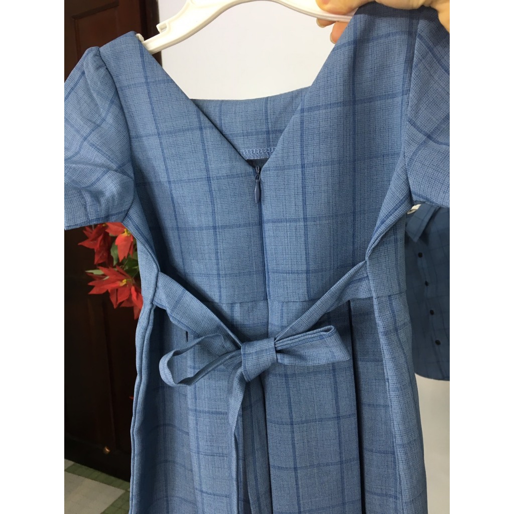 Đồng Phục Sơ Mi Gia Đình Nam Áo -Nữ Váy Sọc Caro Xanh ( MS :164A) Thương Hiệu Fig Tree