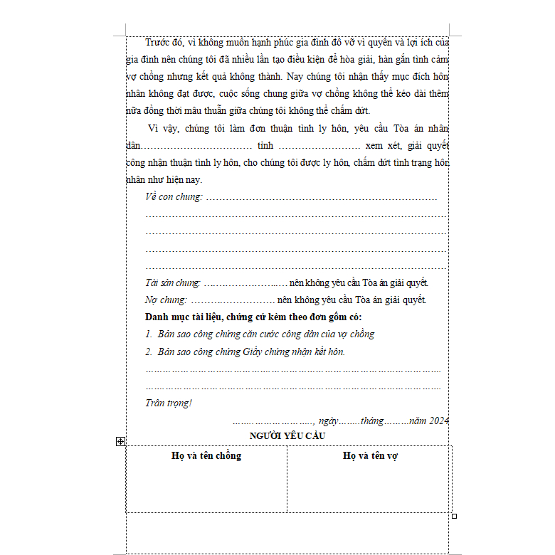 Đơn ly hôn thuận tình mẫu chung cho cả nước 03 bản