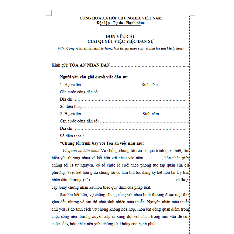 Đơn ly hôn thuận tình mẫu chung cho cả nước 03 bản