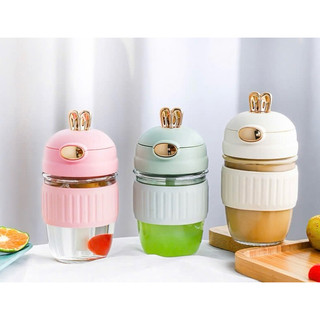 Bình thủy tinh Tai Thỏ dễ thương dung tích 400ml kèm nắp tai thỏ dễ thương và ống hút cho bé mang đi học