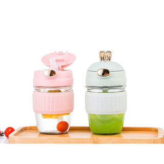 Bình thủy tinh Tai Thỏ dễ thương dung tích 400ml kèm nắp tai thỏ dễ thương và ống hút cho bé mang đi học