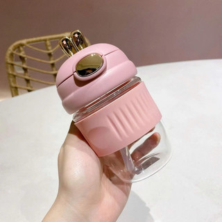 Bình thủy tinh Tai Thỏ dễ thương dung tích 400ml kèm nắp tai thỏ dễ thương và ống hút cho bé mang đi học