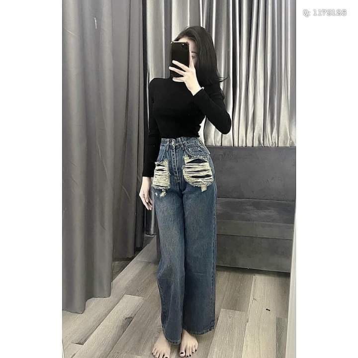 Quần Jean Nữ Ống Xuông Rách túi 0549.Lưng Cao Rách Thời Trang.Phối Chất ...
