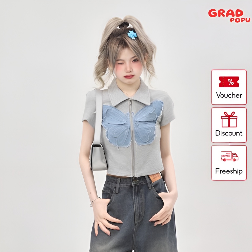 Áo sơ mi nữ GRADPOPU PSM03 ngắn tay dáng ôm phong cách retro Mỹ, thiết kế hình thêu khóa zip nổi bật sang trọng