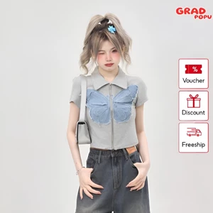 Áo sơ mi nữ GRADPOPU PSM03 ngắn tay dáng ôm phong cách retro Mỹ, thiết kế hình thêu khóa zip nổi bật sang trọng