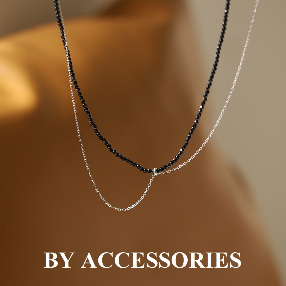 Vòng cổ choker titan 2 tầng xích mảnh phối đá màu đen không gỉ WN2481 BY ACCESSORIES