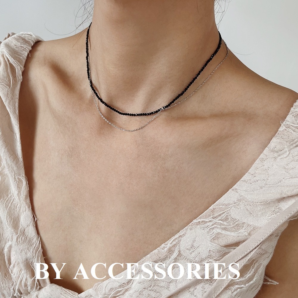 Vòng cổ choker titan 2 tầng xích mảnh phối đá màu đen không gỉ WN2481 BY ACCESSORIES