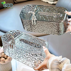 Hộp đựng khăn giấy vân kim cương trong suốt ECO kèm khay đựng đồ để bàn họa tiết thỏ sang trọng