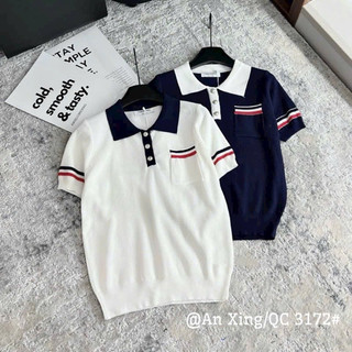 Áo len nữ cộc tay cổ bẻ hình cún thêu lưng, túi ngực chạy viền 586