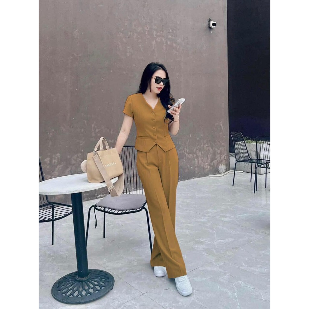 Set Áo GILE + Quần Suông Dài Gài Nút Áo Lót Lụa Thân Trước DÀY DẶN Có Túi 2 Bên