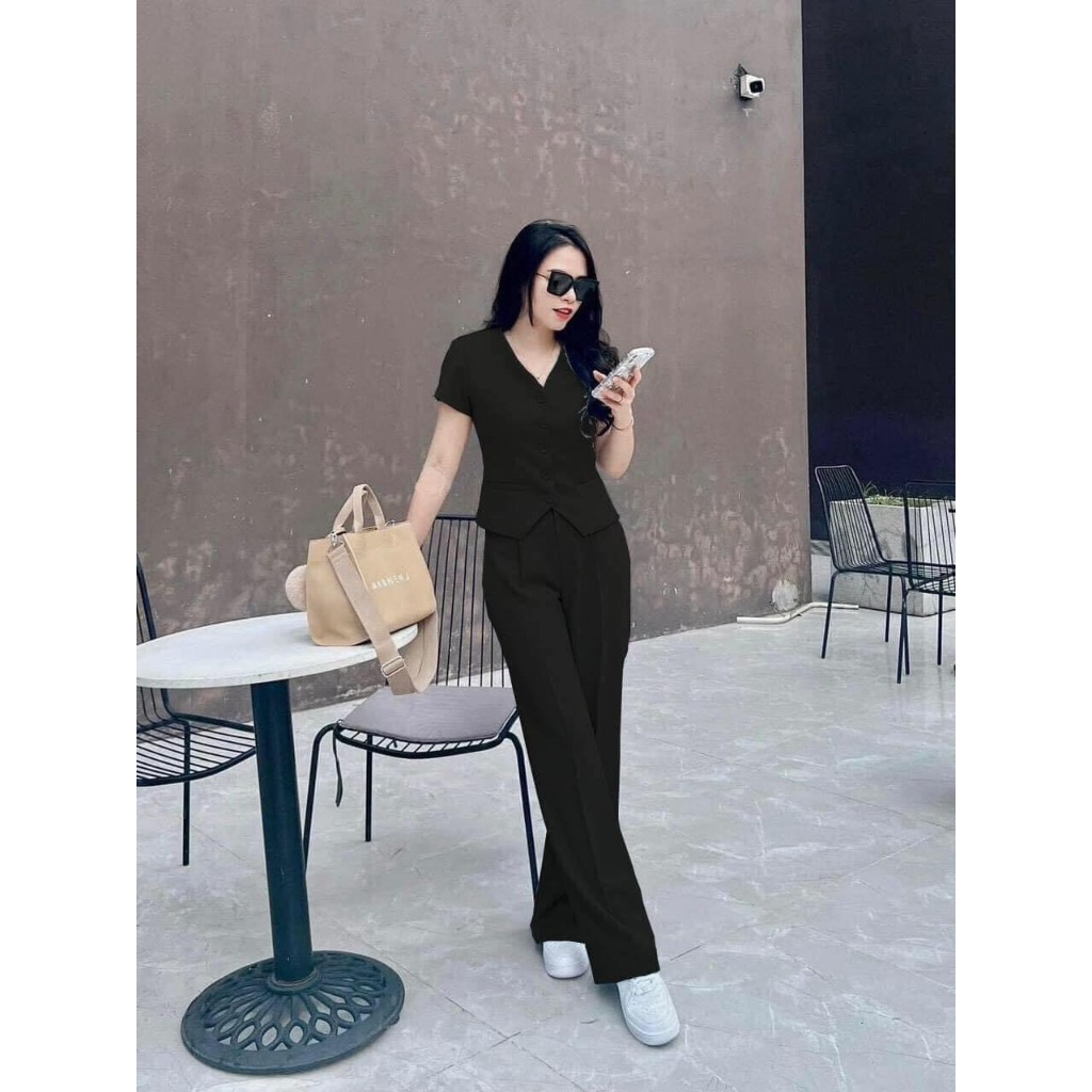 Set Áo GILE + Quần Suông Dài Gài Nút Áo Lót Lụa Thân Trước DÀY DẶN Có Túi 2 Bên