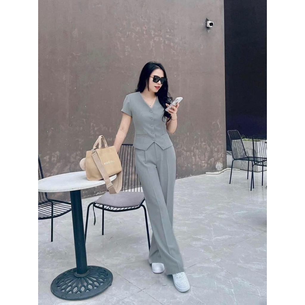 Set Áo GILE + Quần Suông Dài Gài Nút Áo Lót Lụa Thân Trước DÀY DẶN Có Túi 2 Bên