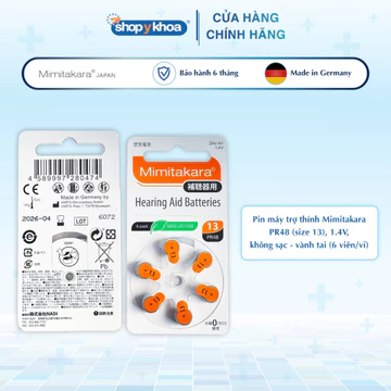 Pin Máy Trợ Thính Mimitakara, Size 13, 1.4V, Không Sạc, Vành Tai [PR48] (6 Viên/Vỉ)