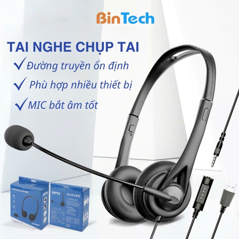 Tai nghe chụp tai có dây BINTECH, tai nghe có mic cho pc, laptop, điện ...