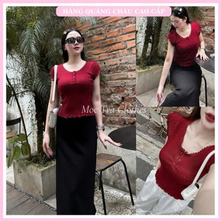 Set áo váy thu đông Quảng Châu Cao Cấp thiết kế áo len đỏ cộc tay và chân váy dài xẻ sau tiểu thư siêu xinh