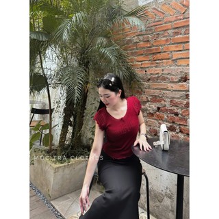Set áo váy thu đông Quảng Châu Cao Cấp thiết kế áo len đỏ cộc tay và chân váy dài xẻ sau tiểu thư siêu xinh