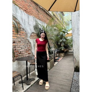Set áo váy thu đông Quảng Châu Cao Cấp thiết kế áo len đỏ cộc tay và chân váy dài xẻ sau tiểu thư siêu xinh