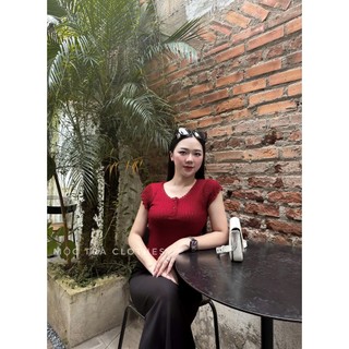 Set áo váy thu đông Quảng Châu Cao Cấp thiết kế áo len đỏ cộc tay và chân váy dài xẻ sau tiểu thư siêu xinh