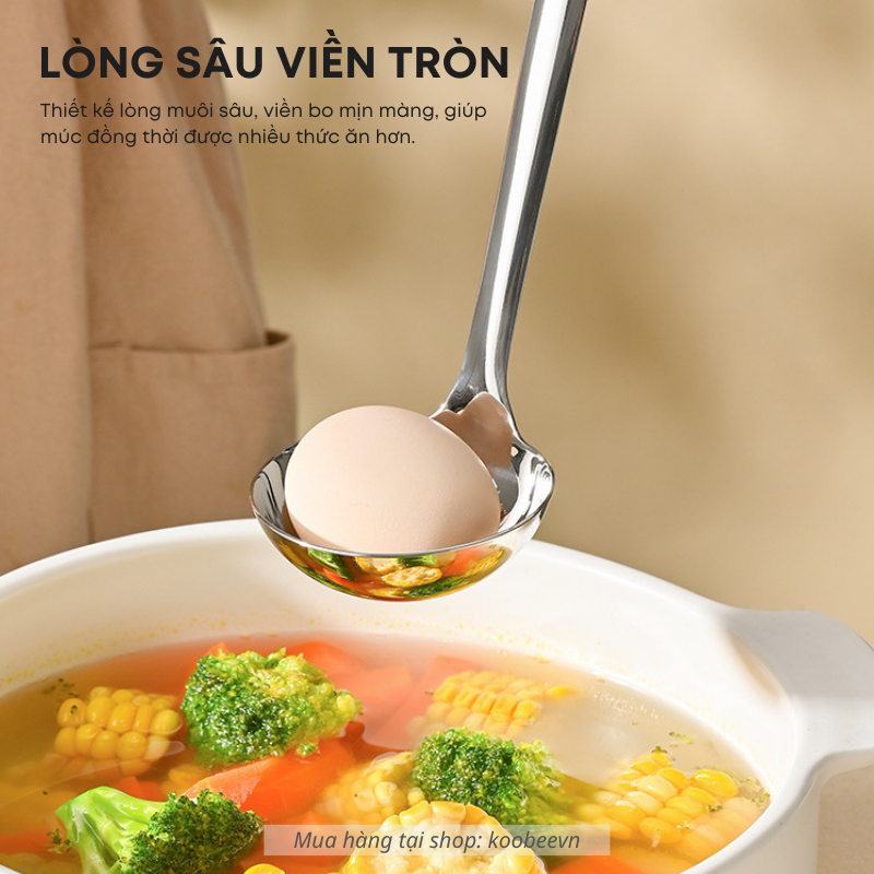 Muôi Canh, Muôi Lỗ Inox 304 KOOBEE Cán Dài 28cm – Lòng Sâu, Đuôi Cong Treo Tiện, Sáng Bóng Không Gỉ | 141