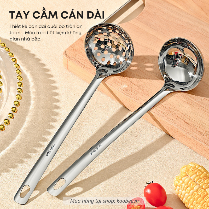 Muôi Canh, Muôi Lỗ Inox 304 KOOBEE Cán Dài 28cm – Lòng Sâu, Đuôi Cong Treo Tiện, Sáng Bóng Không Gỉ | 141