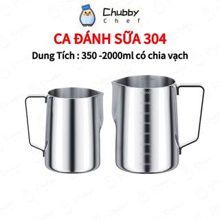 Ca đánh sữa latte art inox 304 dung tích 350ml - 2000ml （k nắp)  Chubby Chef có chia vạch Pha cà phê ly đánh sữa
