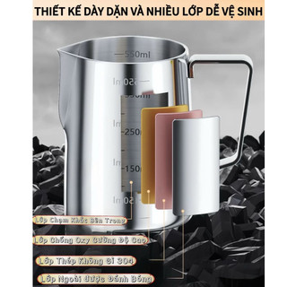 Ca đánh sữa latte art inox 304 dung tích 350ml - 2000ml （k nắp)  Chubby Chef có chia vạch Pha cà phê ly đánh sữa