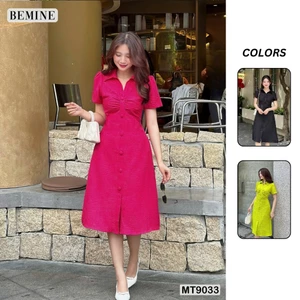 Đầm thiết kế cổ sơ mi phối nút bọc tay ngắn BEMINE MT9033