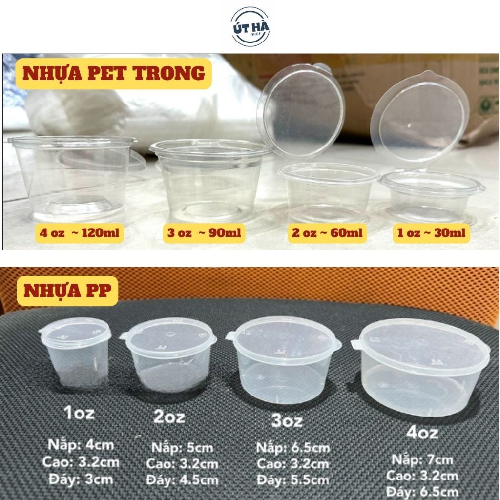 [Rẻ nhất-Hàng đẹp] 100/50 hũ sốt nắp liền nhựa pp gài kín 1oz~30ml, 2oz~60ml, 3 oz~90ml, 4 oz~120ml dùng đựng nước chấm