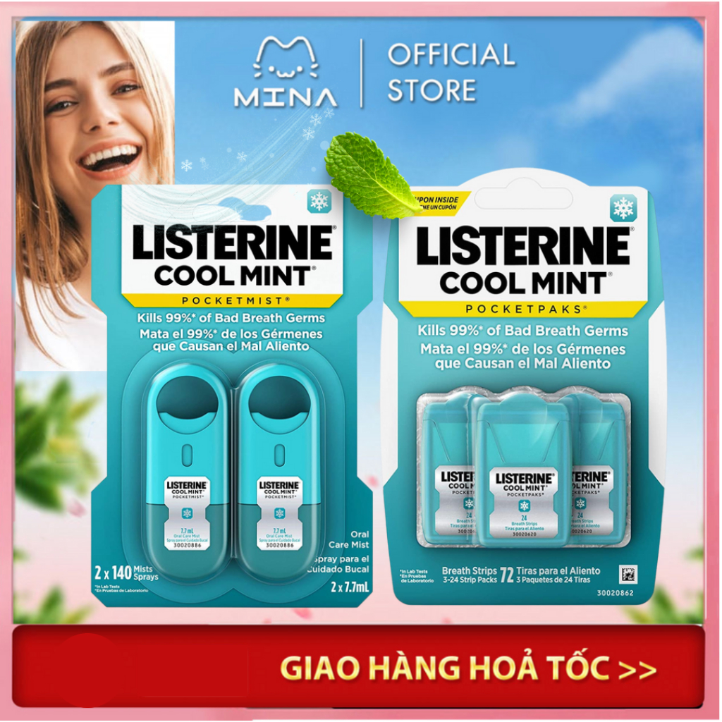 Xịt và ngậm thơm miệng  Listerin Cool Mint (7.7ml) Hàng Mỹ - Khử mùi, diệt khuẩn, hơi thở thơm mát