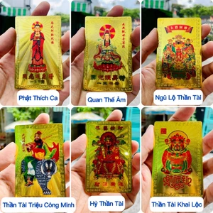 Thẻ Kim Bài Ngũ Lộ Thần Tài , Quan Âm Bồ Tát , Phật Thích Ca , Khai Lộc ... Plastic Mạ Vàng Phong Thủy