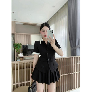 Đồ bộ nữ áo sơ mi tay lỡ phối cổ viền tay trắng mix chân váy xếp ly cạp chun HCOM2727, set đồ nữ tôn dáng YuuMi Style