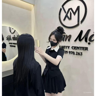 Đồ bộ nữ áo sơ mi tay lỡ phối cổ viền tay trắng mix chân váy xếp ly cạp chun HCOM2727, set đồ nữ tôn dáng YuuMi Style