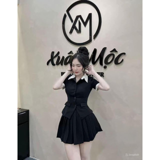Đồ bộ nữ áo sơ mi tay lỡ phối cổ viền tay trắng mix chân váy xếp ly cạp chun HCOM2727, set đồ nữ tôn dáng YuuMi Style