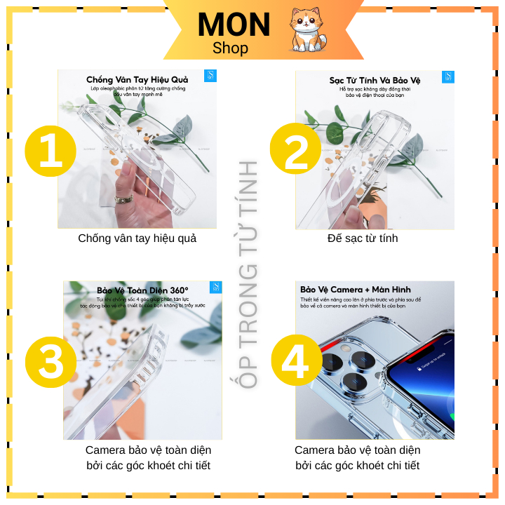 Ốp lưng Táo Trong suốt từ tính chống sốc - Hỗ trợ sạc không dây cho 11 12 13 14 15 16 pro max 14plus 15plus 7plus 8plus