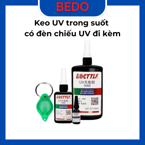 Keo UV trong suốt BEDO 50ml kèm đèn UV - Keo dán kính, thủy tinh, pha lê, handmade nhanh khô bền đẹp