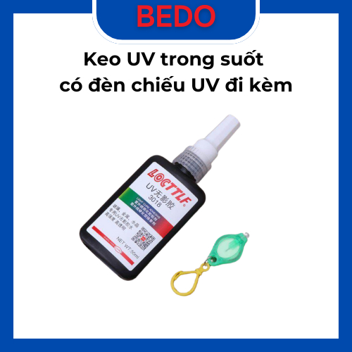 Keo UV trong suốt BEDO 50ml kèm đèn UV - Keo dán kính, thủy tinh, pha lê, handmade nhanh khô bền đẹp