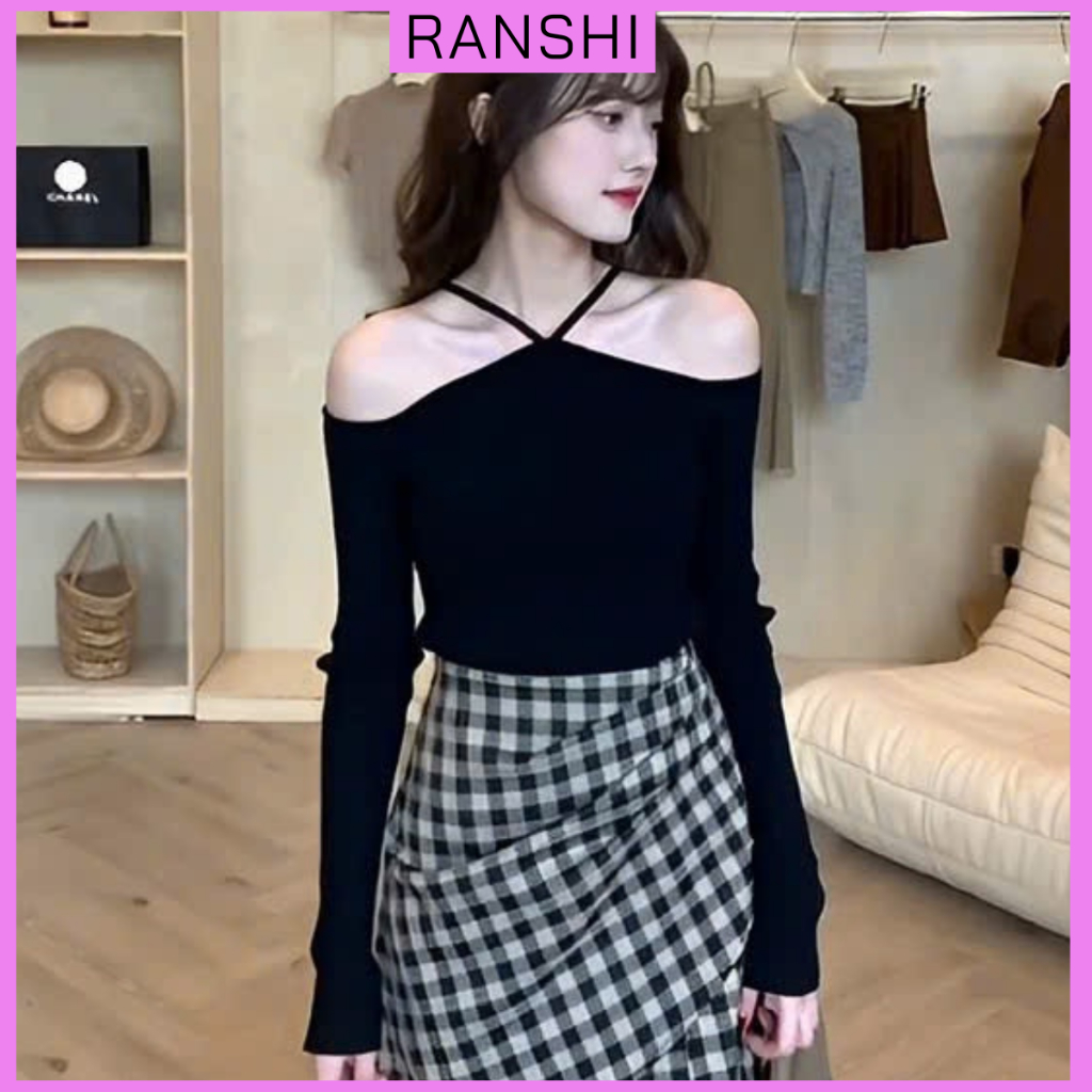 [CÓ SIZE] Áo Cổ Yếm Trễ Vai Tay Dài RANSHI Thiết Kế Ôm Body Sexy Quyến ...