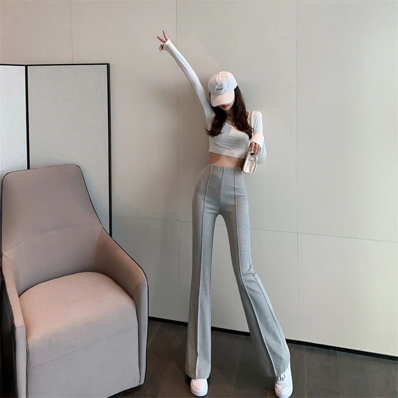 Quần ống loe tăm dãn phối gân nổi cạp cao hack chân tôn dáng - Culottes nữ dáng dài thiết kế công sở phong cách hàn quốc