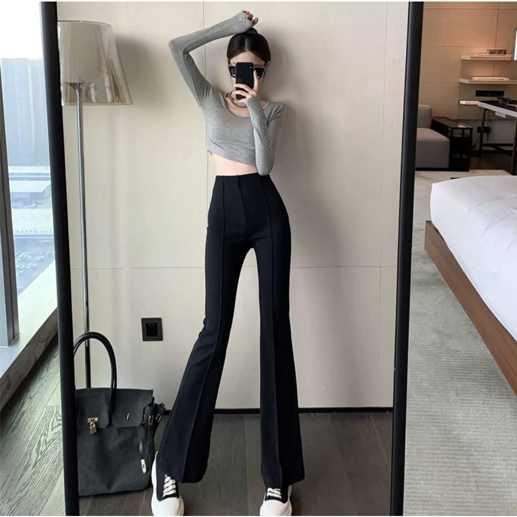Quần ống loe tăm dãn phối gân nổi cạp cao hack chân tôn dáng - Culottes nữ dáng dài thiết kế công sở phong cách hàn quốc