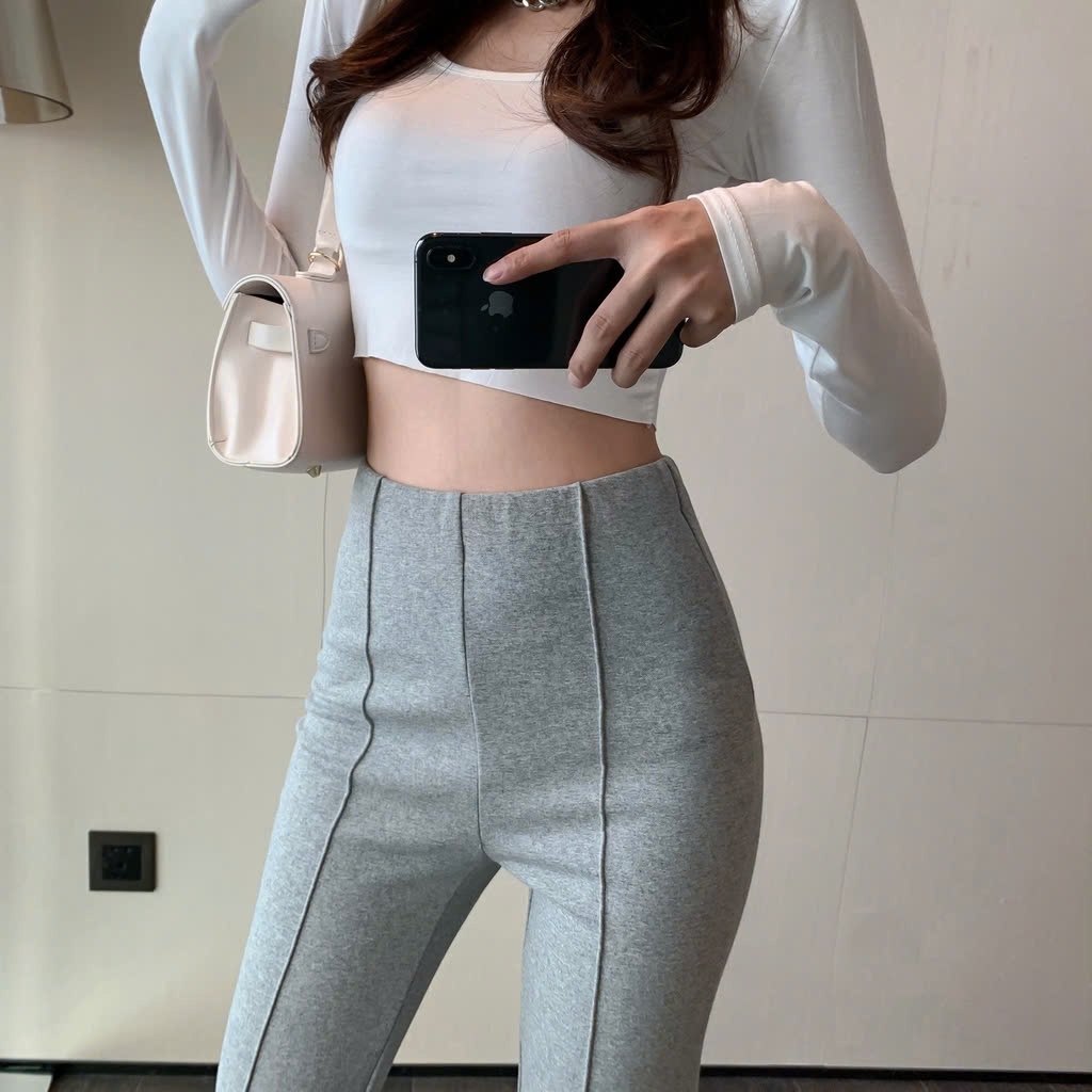 Quần ống loe tăm dãn phối gân nổi cạp cao hack chân tôn dáng - Culottes nữ dáng dài thiết kế công sở phong cách hàn quốc