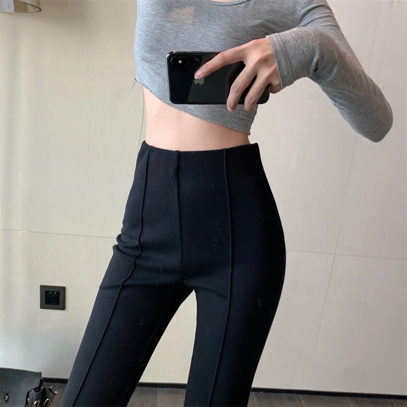 Quần ống loe tăm dãn phối gân nổi cạp cao hack chân tôn dáng - Culottes nữ dáng dài thiết kế công sở phong cách hàn quốc